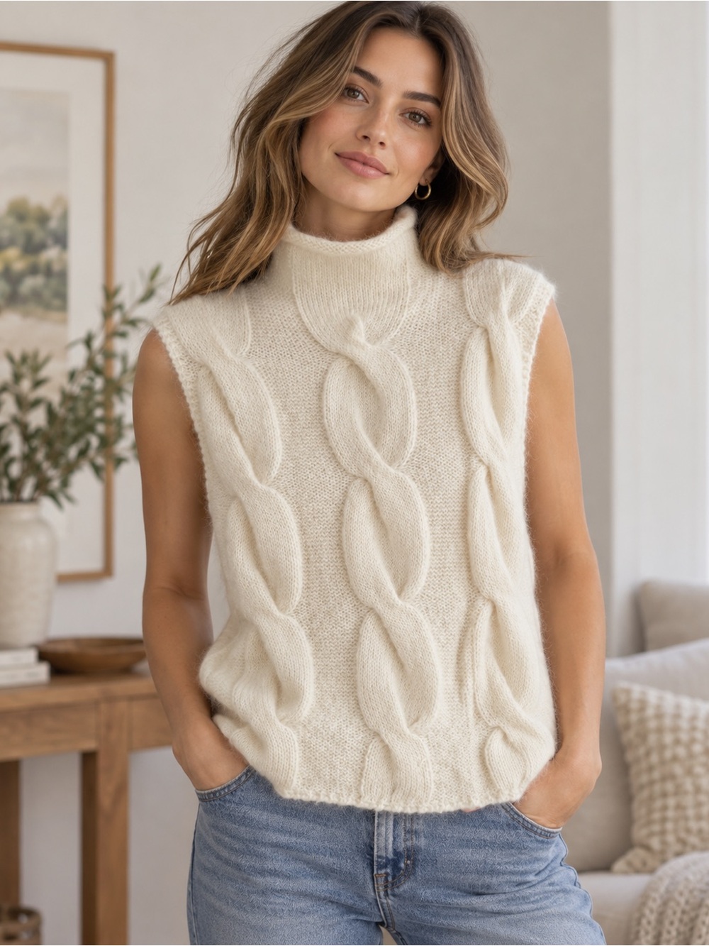 Due Per Due Cream Mohair Cable Knit Sleeveless Turtleneck Sweater Vest XL Vtg